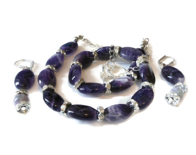 Amethyst and crystal necklace and pierced earrings, handmade set, can be shortened for choker, silver plated