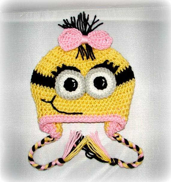 Crochet girl minion hat with earflaps or beanie