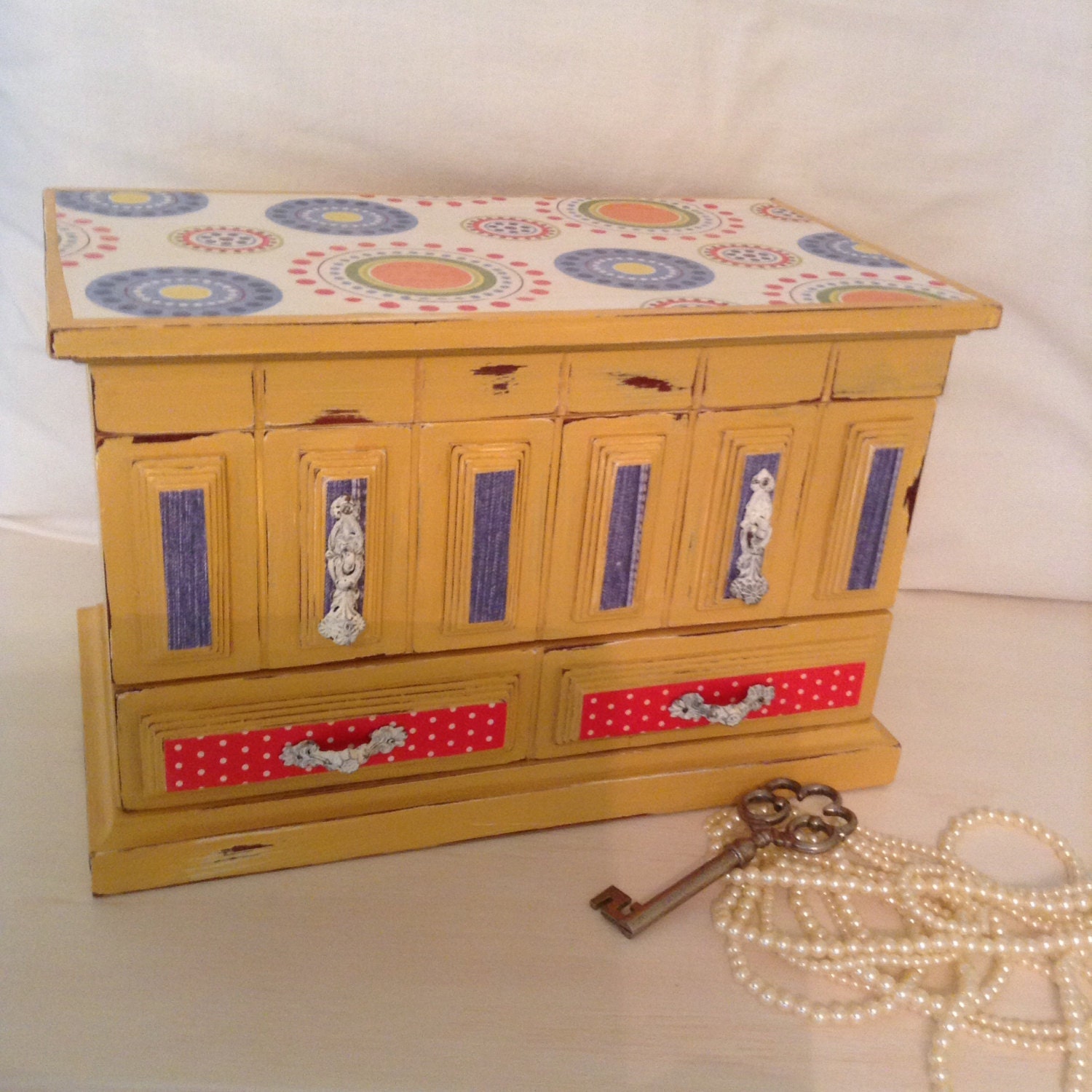 Repurposed Jewelry Box Red Interior Box Vintage Denim