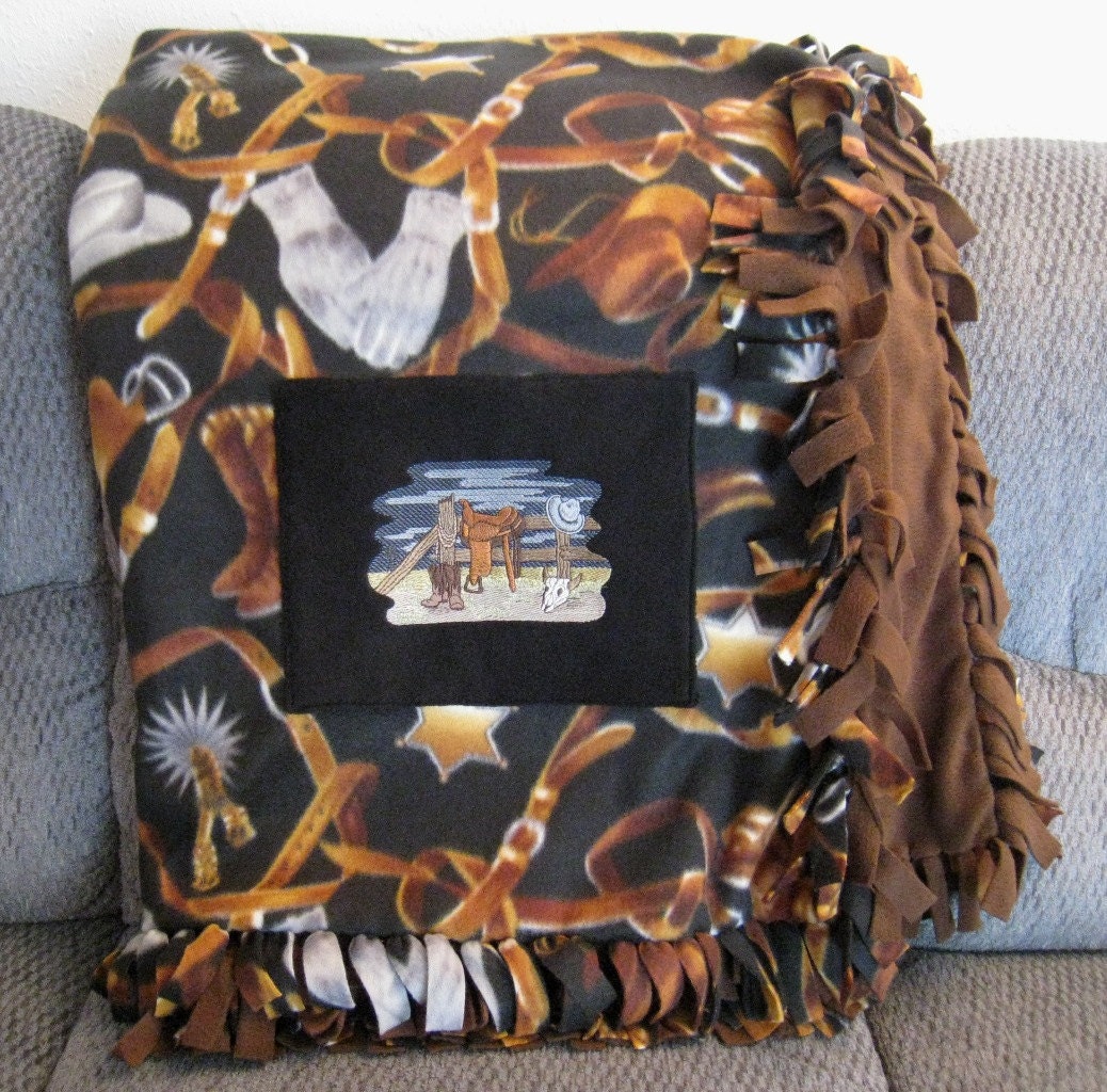 Large Western COWBOY Embroidered Fleece Tied Blanket COWGIRL