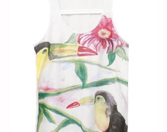 Halter Top with Toucans - birds top animals top white green yellow pink top sleeveless top women's singlet hawaii halter top size medium top