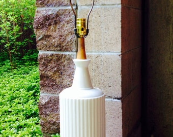 Vintage White Ceramic and Wood Mid Century Table Lamp
