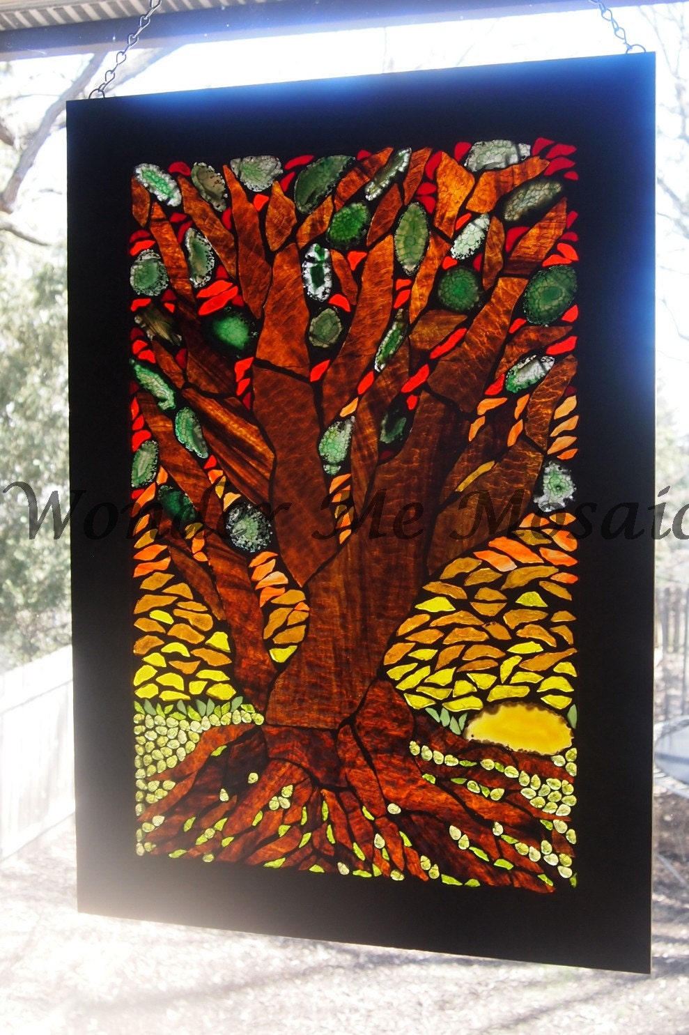 Stained Glass Mosaic on Glass Large Bonsai Tree at Sunset