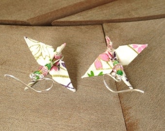 Origami Earring, Origami Jewelry, White Pink Green Earring, Asian Jewelry Japanese Jewelry Japanese Earring Cute white Earring Crane Earring