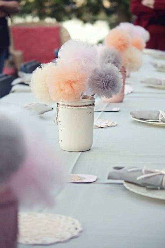 Items similar to Mason Jar Tulle Pom Pom Centerpiece 