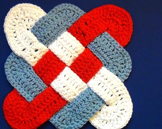 Hot Pad / Trivet - Patriotic Red, White, and Blue - Celtic Knot Design - Handmade Crochet Trivet