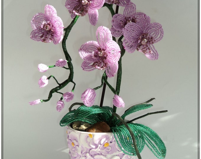 French Beaded Artificial Topiary Orchid Plant Flower in Pot