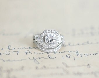 Silver Art Deco Ring - Sterling Silver Ring - CZ Wedding Set - Cubic Zirconia Ring - Vintage Style Ring - Engagement Ring Set - Halo Ring
