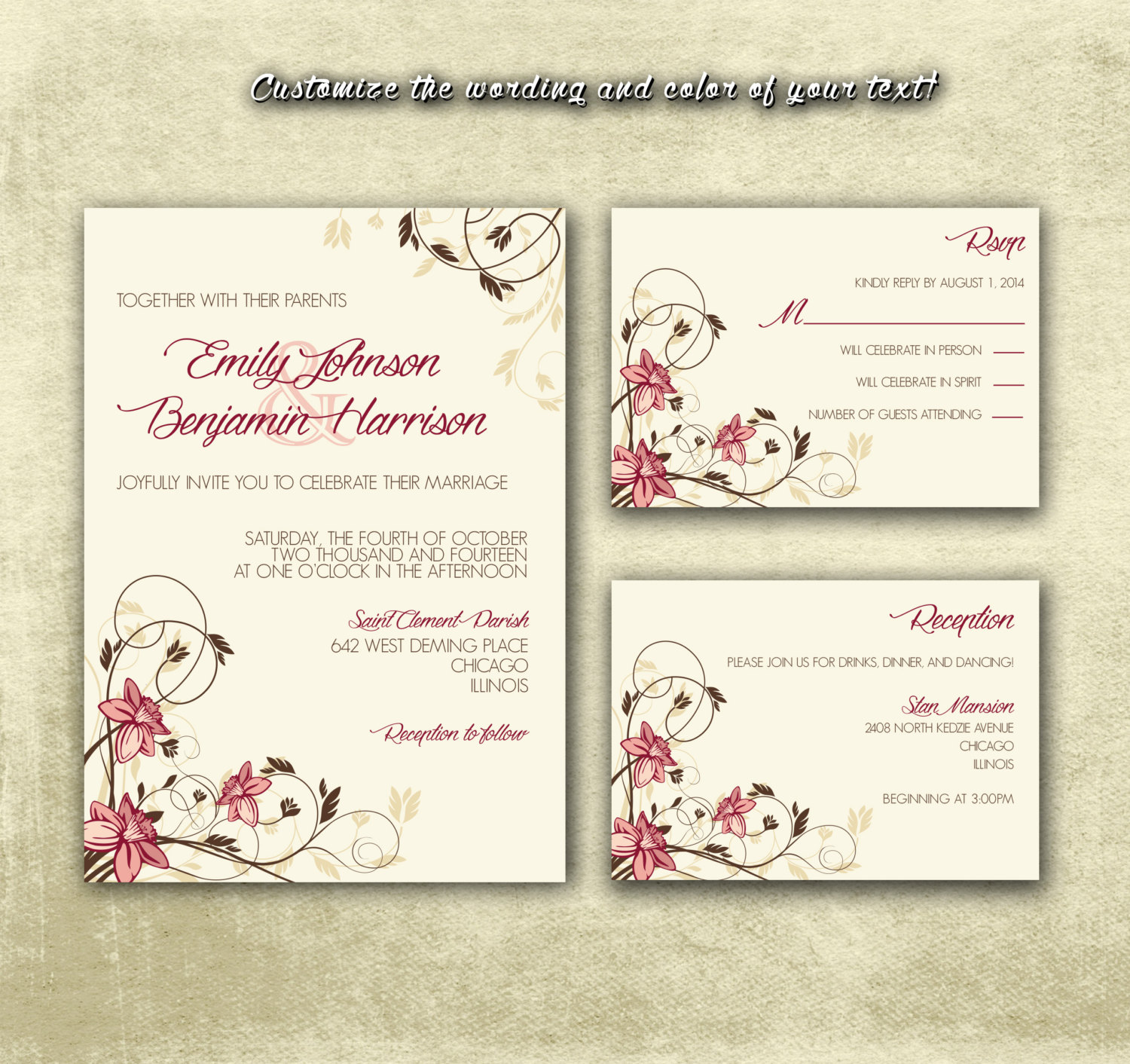 Printable Wedding Invitation PDF Set or by MyPrintableCreations