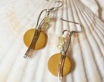 Mustard Earrings, Yellow Earrings, Wire Work Jewelry, Tropical Earrings, Colorful Jewelry