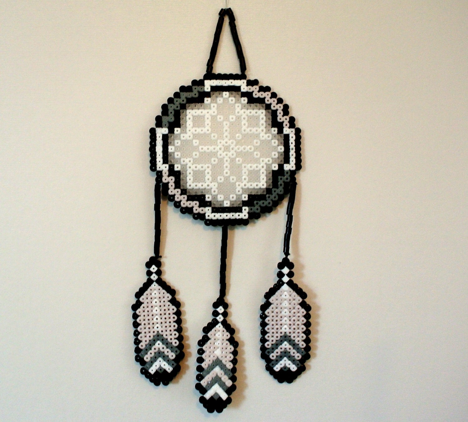 Items Similar To Perler Bead Dreamcatcher Grayscale With Feathers On Etsy