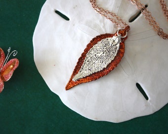 Double Leaf Necklace, Double Real Evergreen Leaves, Leaves, Real Leaf, Silver Leaf, Copper Leaf 8 DL