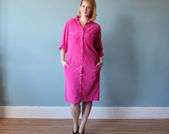 plus size dress | hot pink shirt dress | 1980s xl