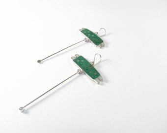 Sterling Silver Earrings, Green and White, Bugs, Funny, Modern, Contemporary Jewelry