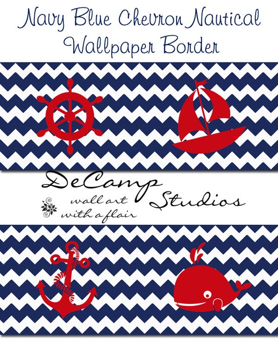 Items similar to NAUTICAL WALLPAPER BORDER Chevron Navy Blue Wall Decal