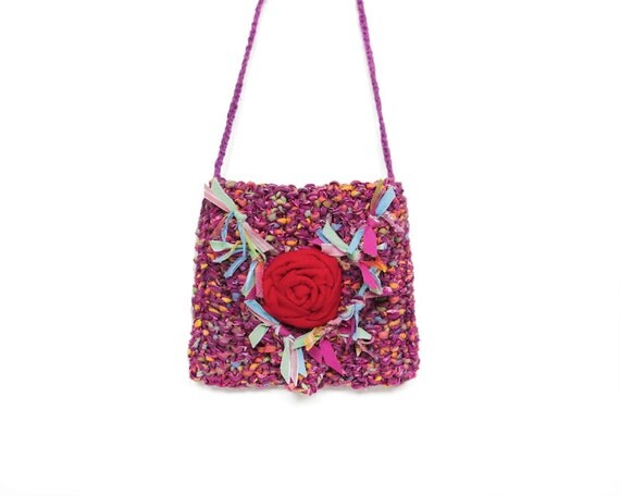 Flowered Hippie Bag, Raspberry Knit Crossbody, Small Bohemian Pouch ...
