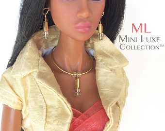 Doll Jewelry for Barbie doll, Silkstone Barbie, Poppy Parker, Fashion Royalty dolls -- miniature jewelry -- Gold Necklace and Earrings