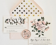 Custom Hand Painted Wedding Invitation Suite/Set of 25 Gold and Blush floral and polka dots