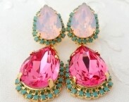 Pink and pink opal with turquoise Chandelier earrings, 14k Gold earrings, Dangle earrings, Drop earrings, Rhinestone  earrings, statement
