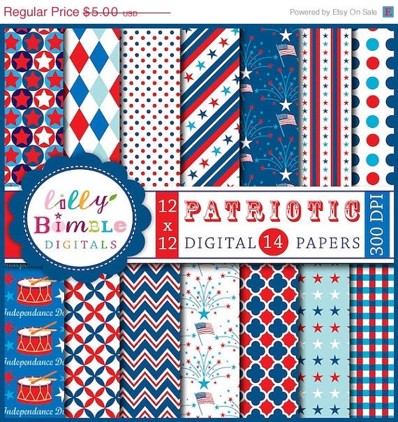 50% off Patriotic scrapbook paper for cards, invites, parties, commercial use included july 4 digital papers INSTANT DOWNLOAD Il_570xn