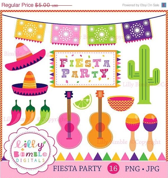 50% off Fiesta Party clipart for invitations, cards, and party decor cactus, peppers, picado, maracas, sombreros DIGItAL Il_570xn