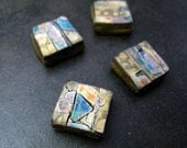 Large square collaged strata beads in polymer with ochre, blue and gold accents