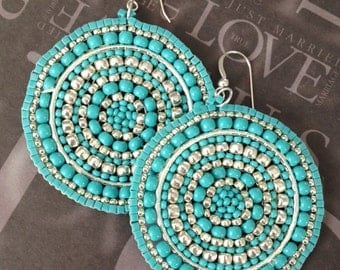 Silver and Turquoise Seed Beaded Earrings - Big Bold Multicolored Disc Earrings