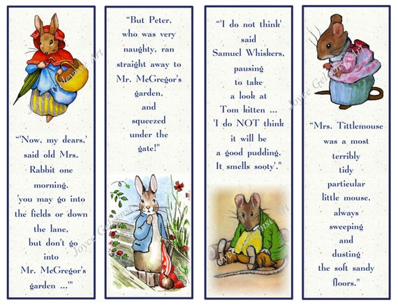 printable beatrix potter character bookmarks with quotes