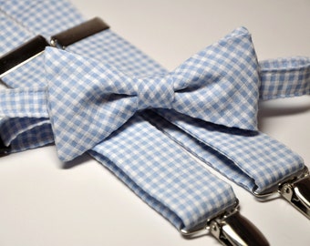 Light Blue Gingham Men's Bow Tie and Suspenders