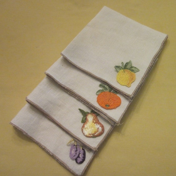 Vintage Linen Napkins Four With Fruit Appliques