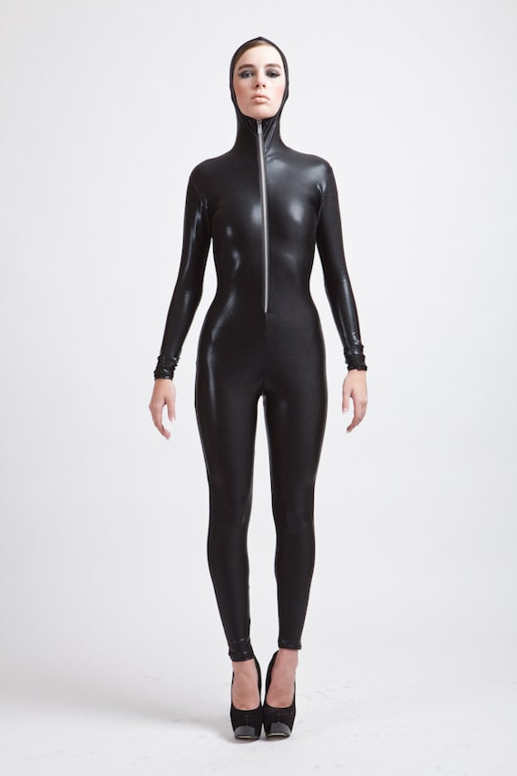 The Perfect Hooded Black Catsuit wet look stingray leather