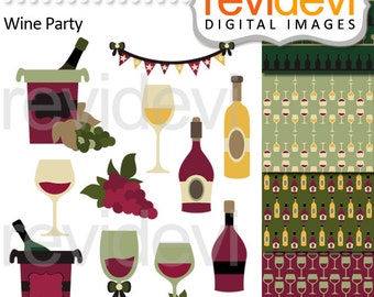Wine bottles and wine glasses clipart - Wine party clip art - Instant download