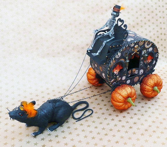 OOAK handmade Halloween rat drawn coach with pumpkin wheels and skeleton driver