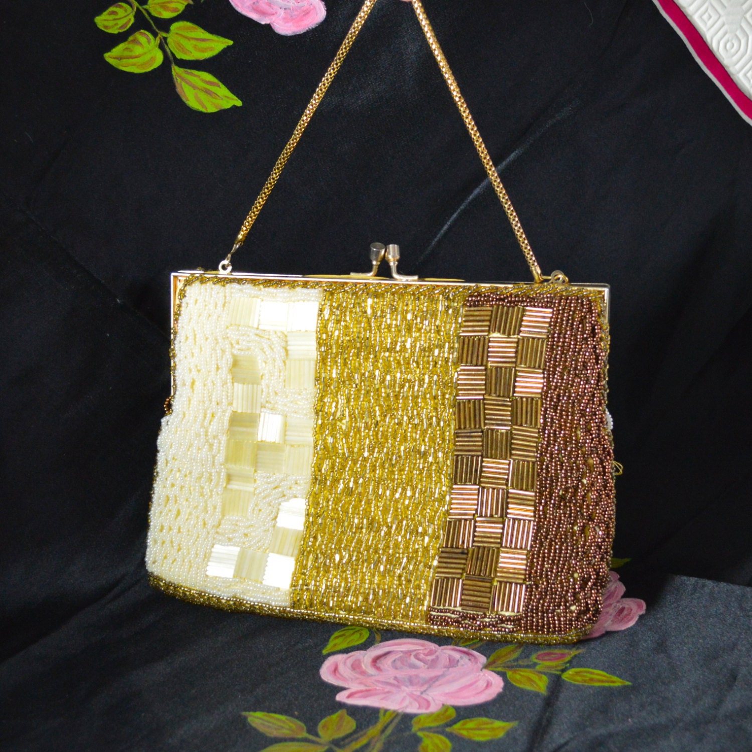 Hand Beaded Evening Purse Bag by DeLill Ivory Pearl Gold