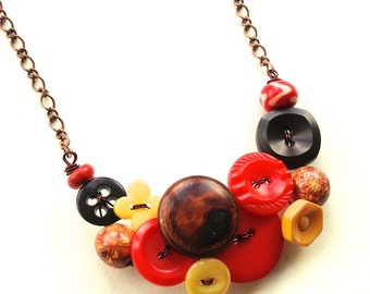 Rustic Vintage Button Necklace in Red, Brown, and Yellow Gold