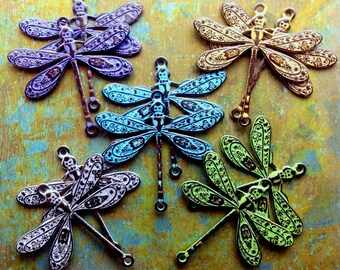 Dragonfly Connector Charms - 2 pcs - Brass Dragonflies - Aged Brass - Choose Your Finish - Patina Queen