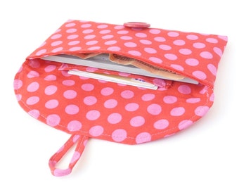 cute cash envelope wallet checkbook cover. red pink polka dot fabric womens coupon wallet. teen tween gift idea