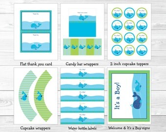 Cute Whale Baby Shower Party Package / Whale Baby Shower Decorations / Nautical Baby Shower / Blue & Green / Baby Boy / INSTANT DOWNLOAD