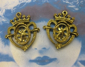 Antique Brass Ornate Heart and Crown Penedants 621GOL x2