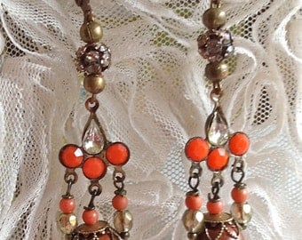 Lilygrace Deco Brass Earrings with Coral, Freshwater Pearls, Cultured Pearls and Vintage Rhinestones