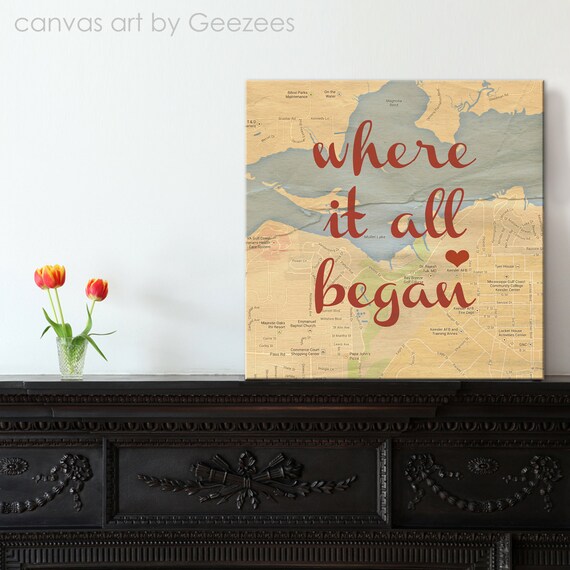 Where it all began Map Personalized Map Art Heart Canvas