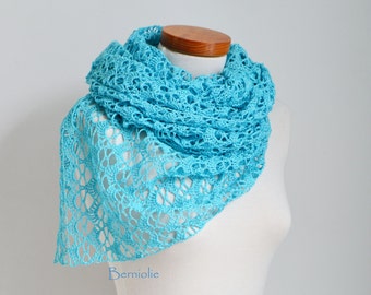 Lace crochet shawl, stole, cotton, Aqua blue, M204