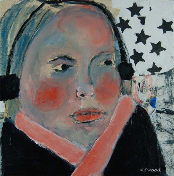 Acrylic Collage Portrait Painting, Winter Stars, 8x8 Canvas, Original, Mixed Media, Girl, Ear Muffs, Black Stars