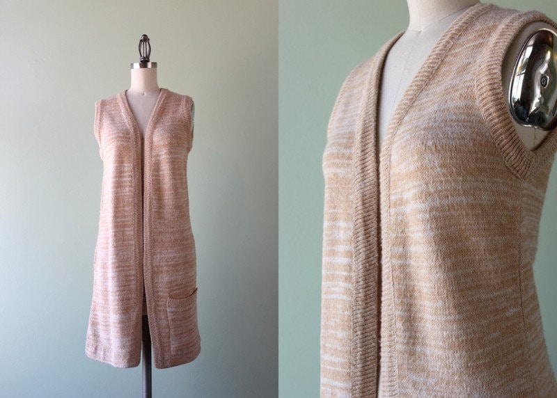 1970s Sweater / Vintage 70s Space Dyed Sleeveless Sweater Jacket / Long Cardigan Sweater