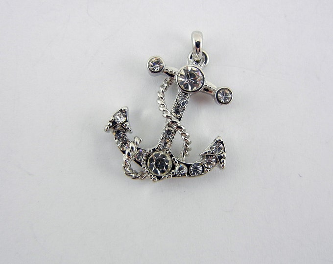 Small Nautical Anchor Pendant Silver-tone Rhinestones