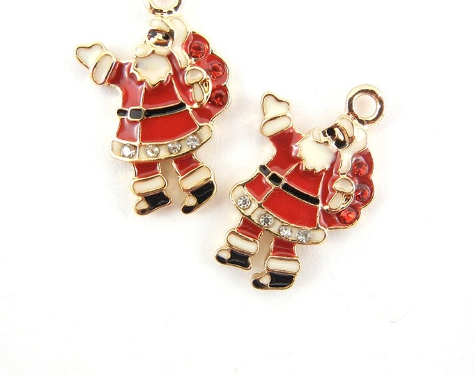 Christmas Santa Claus with Bag Charms Gold-tone Rhinestones