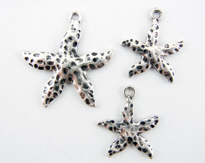 Set of Starfish Pendant and Charms Textured Antique Silver-tone