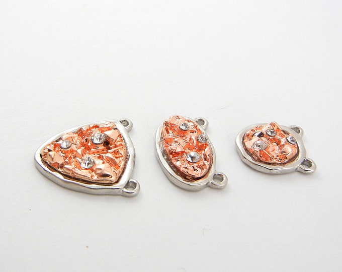 Set of 3 Small Two Tone Abstract Pendants Silver and Copper-tone Rhinestones