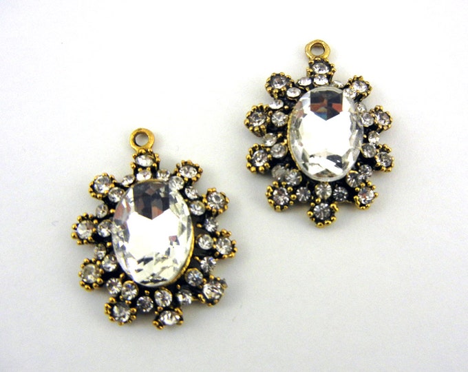 Pair of Oval Crystal Pave Burnished Gold-tone Charms