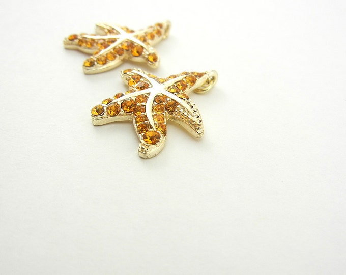 Pair of Small Gold-tone Starfish Charms Topaz Rhinestones